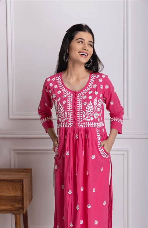Fizaa Chikankari Kurti for Women With Pocket - Pink